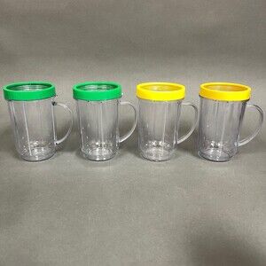 Magic Bullet Cups Party Mugs with Green Yellow Comfort Lip Rings Lot of 4